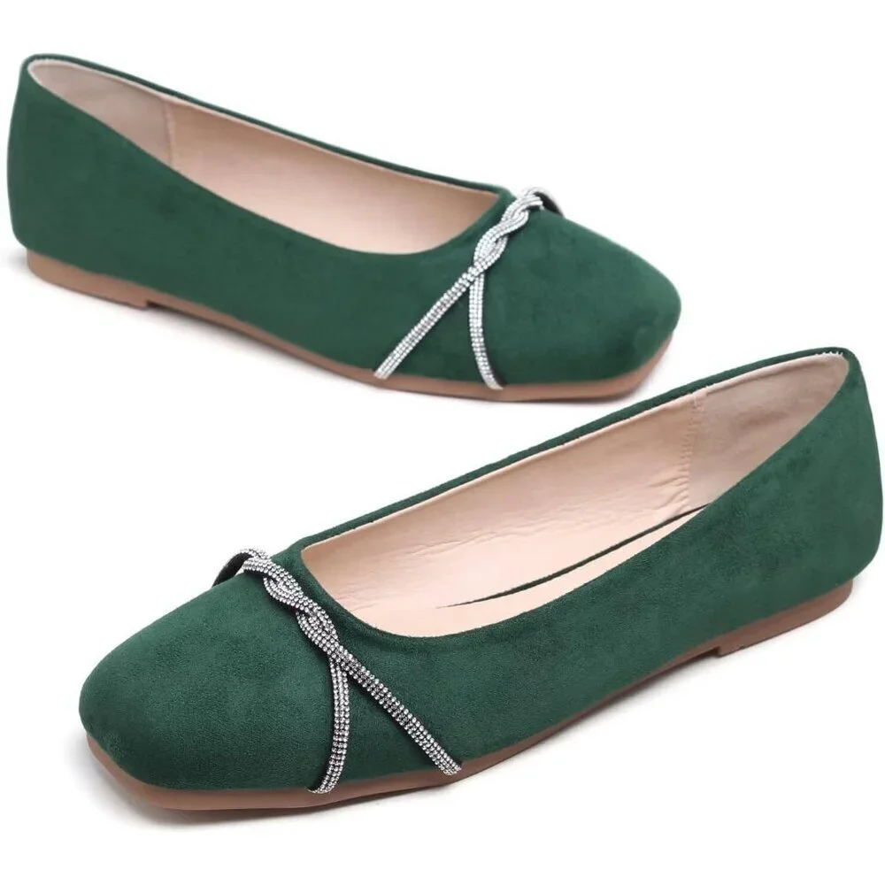 Women's Green Suede Casual Fashion Chain Pointed Toe Ballet Flat Rhinestone